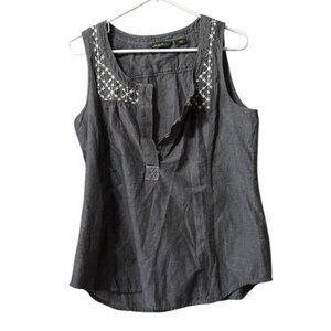 Eddie Bauer Henley Blouse Women Size Medium Sleeveless‎ Cotton Embroidered Boho